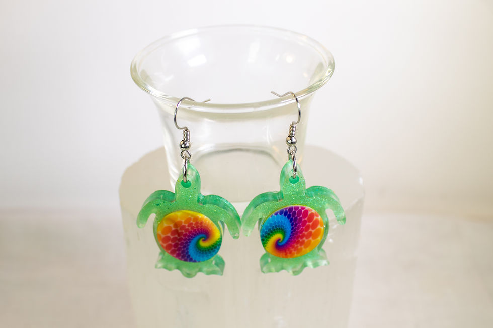 Thumbnail: Handmade Green Resin Sea Turtle Earrings with Rainbow Swirl Center