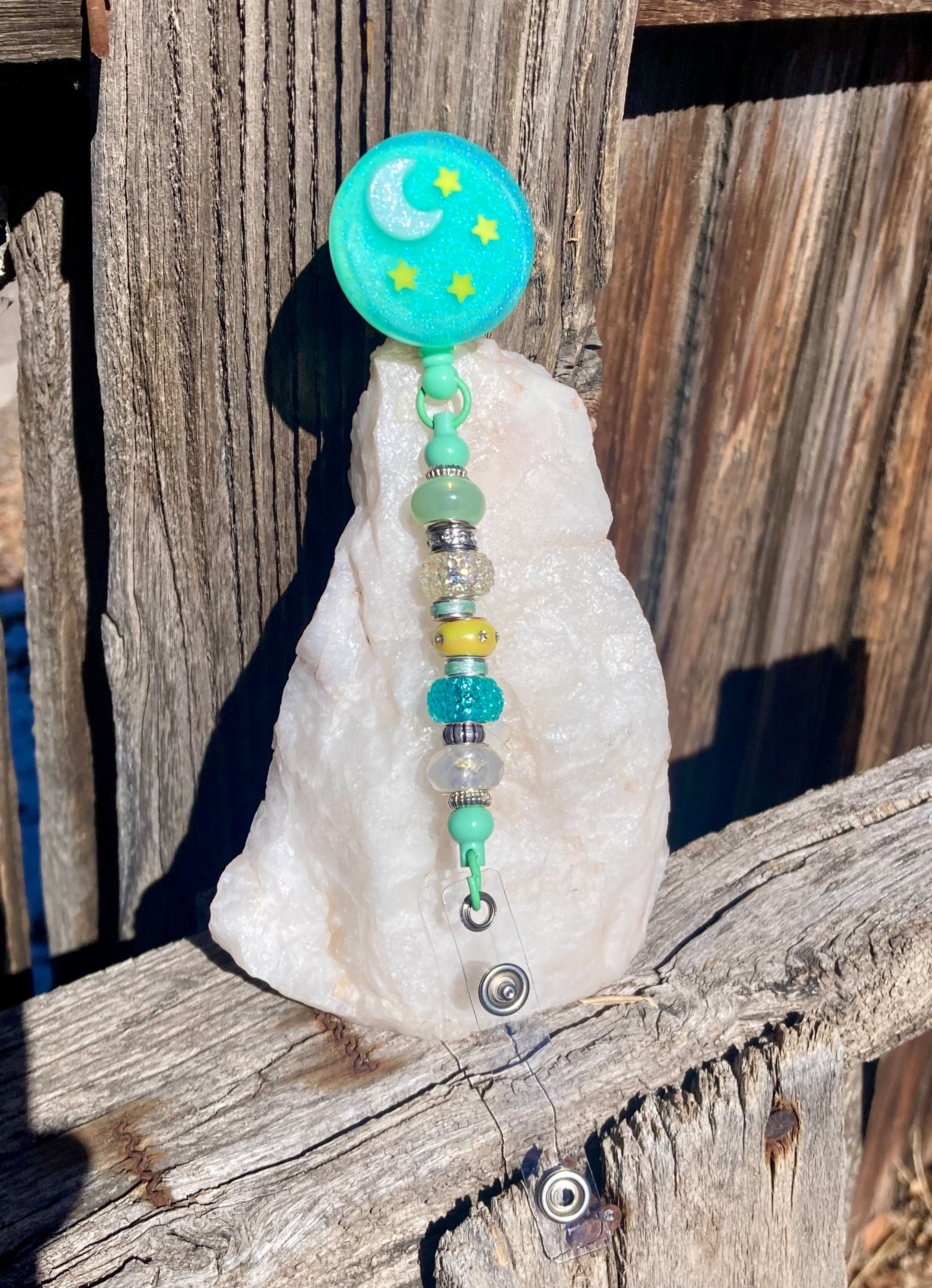 Beaded Moon & Stars Badge Reel – Celestial Teal ID Holder
