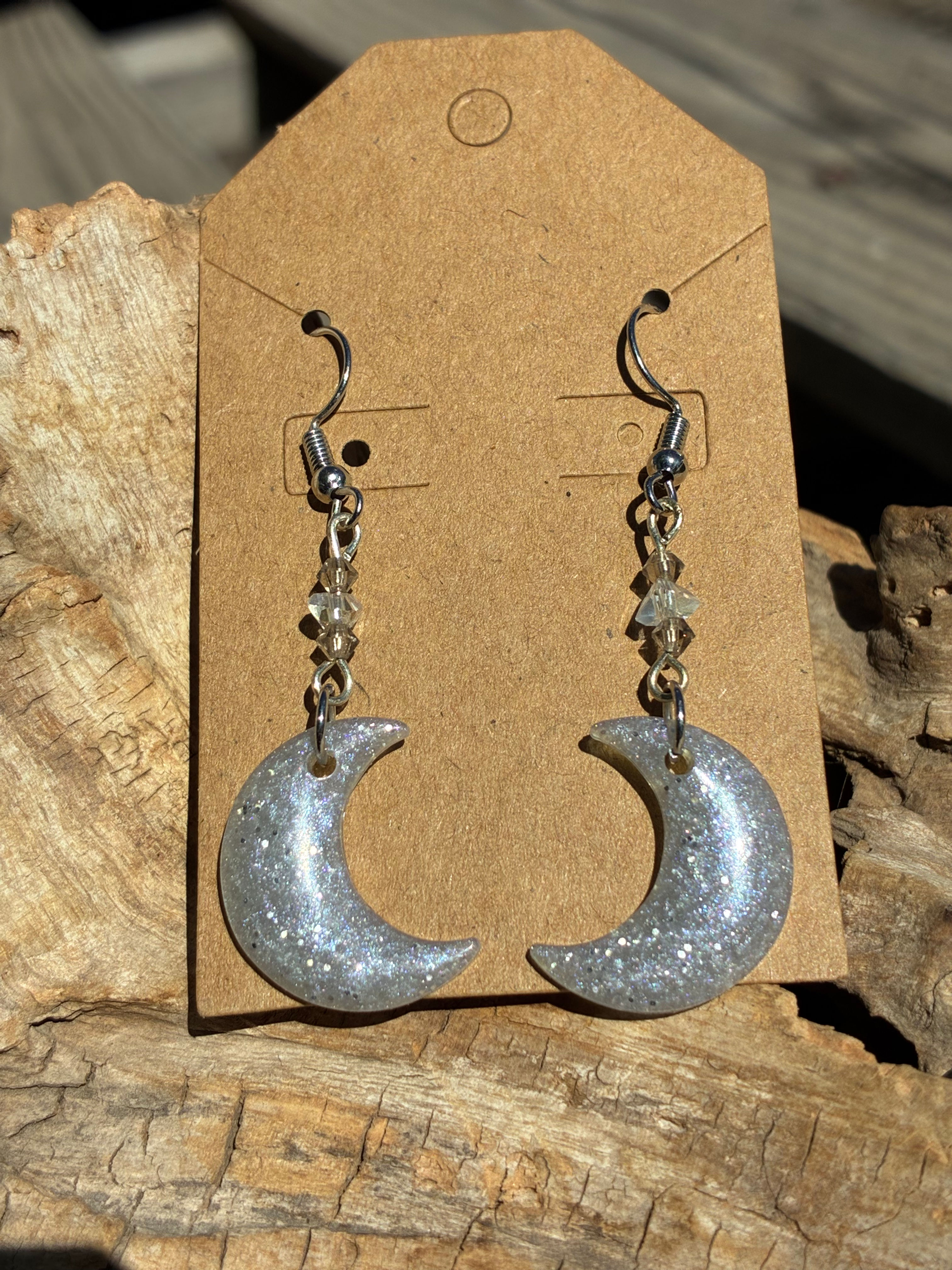 Handmade Silver Glitter Crescent Moon Earrings | Celestial Resin Dangle Earrings