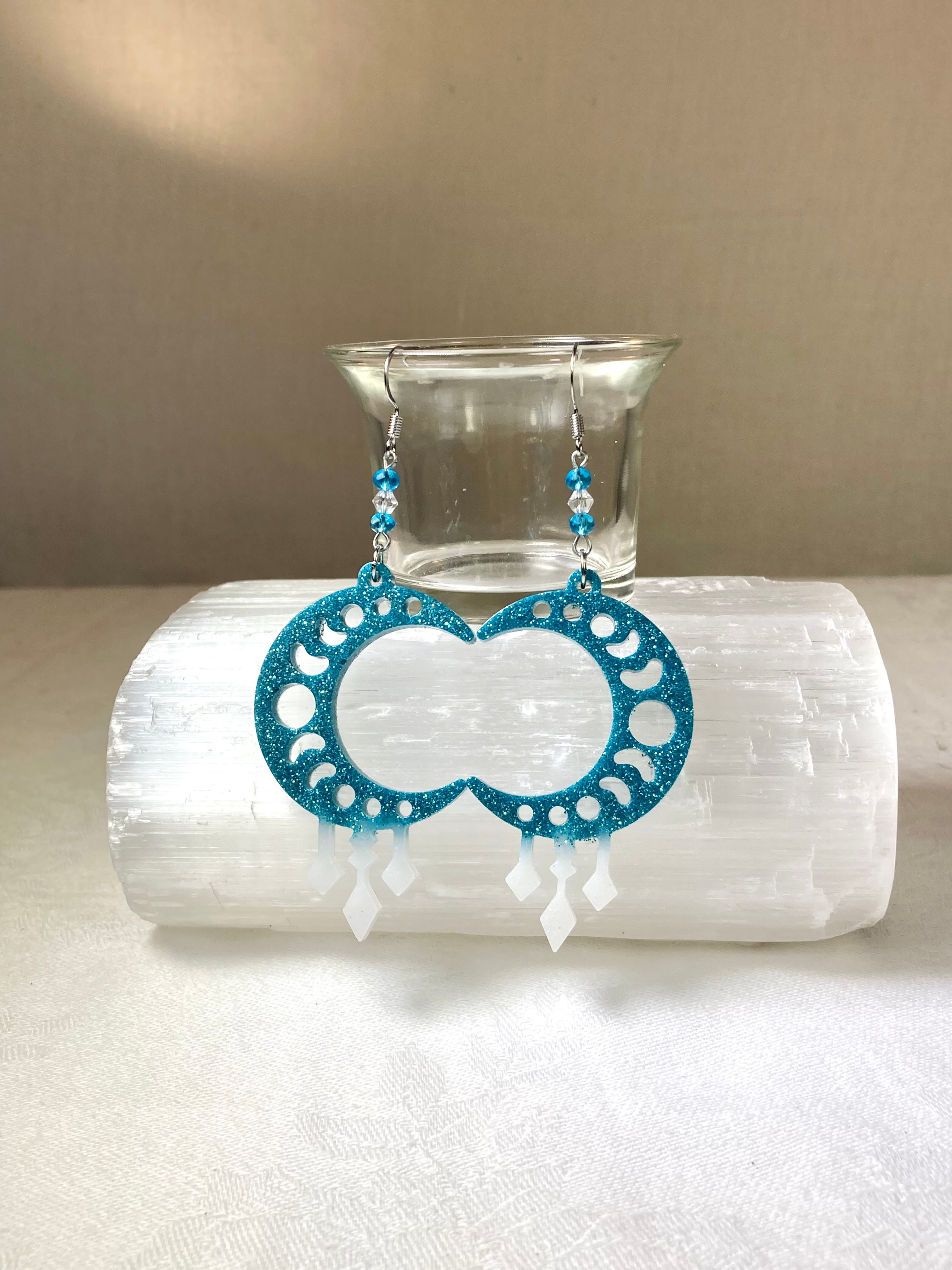 Handmade Crescent Moon Resin and Glass Bead Dangle Earrings