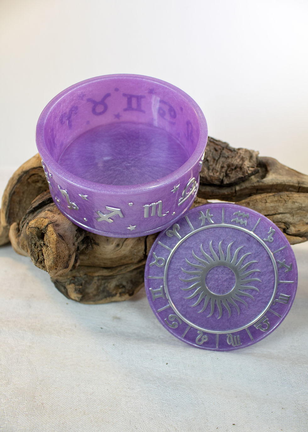 Thumbnail: Handmade Light Purple Lavender Zodiac Symbol Trinket Dish with Lid