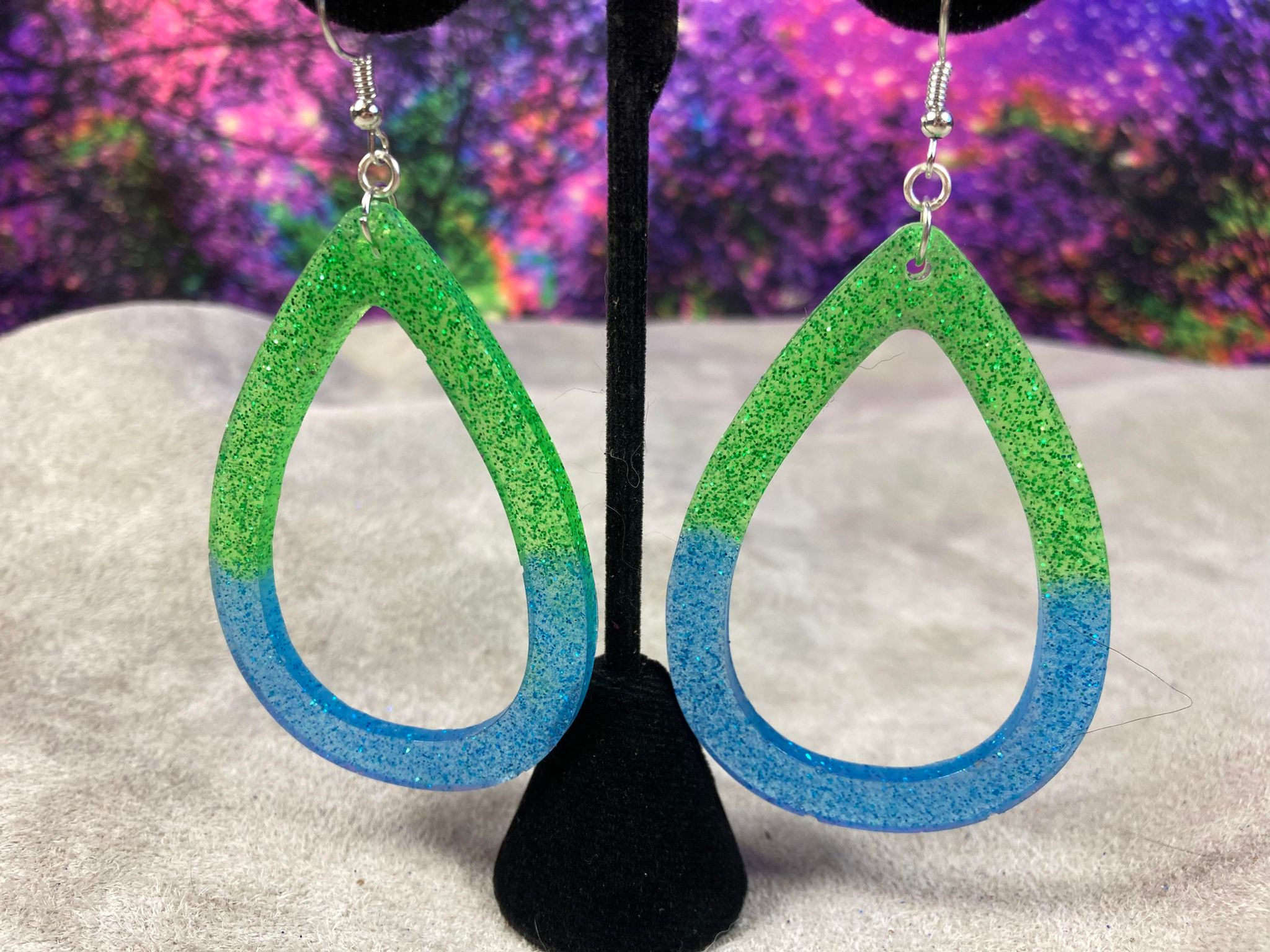Handmade Resin Teardrop Earrings, Green and Blue Glitter Earrings