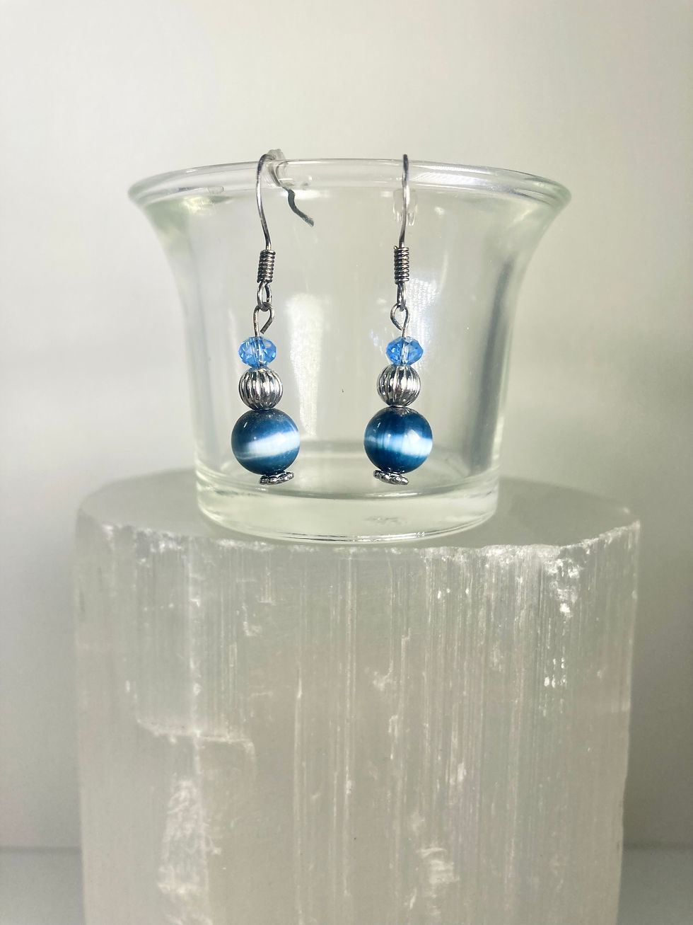 Thumbnail: Handmade Blue Cat's Eye Dangle Earrings