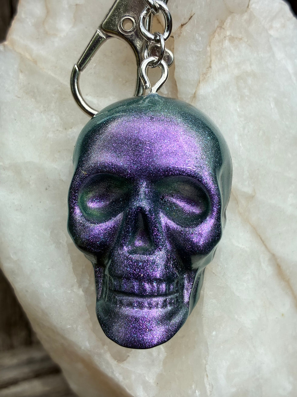 Thumbnail: Handmade Purple Green Color Shift Skull Keychain | Gothic Halloween Resin Keycha