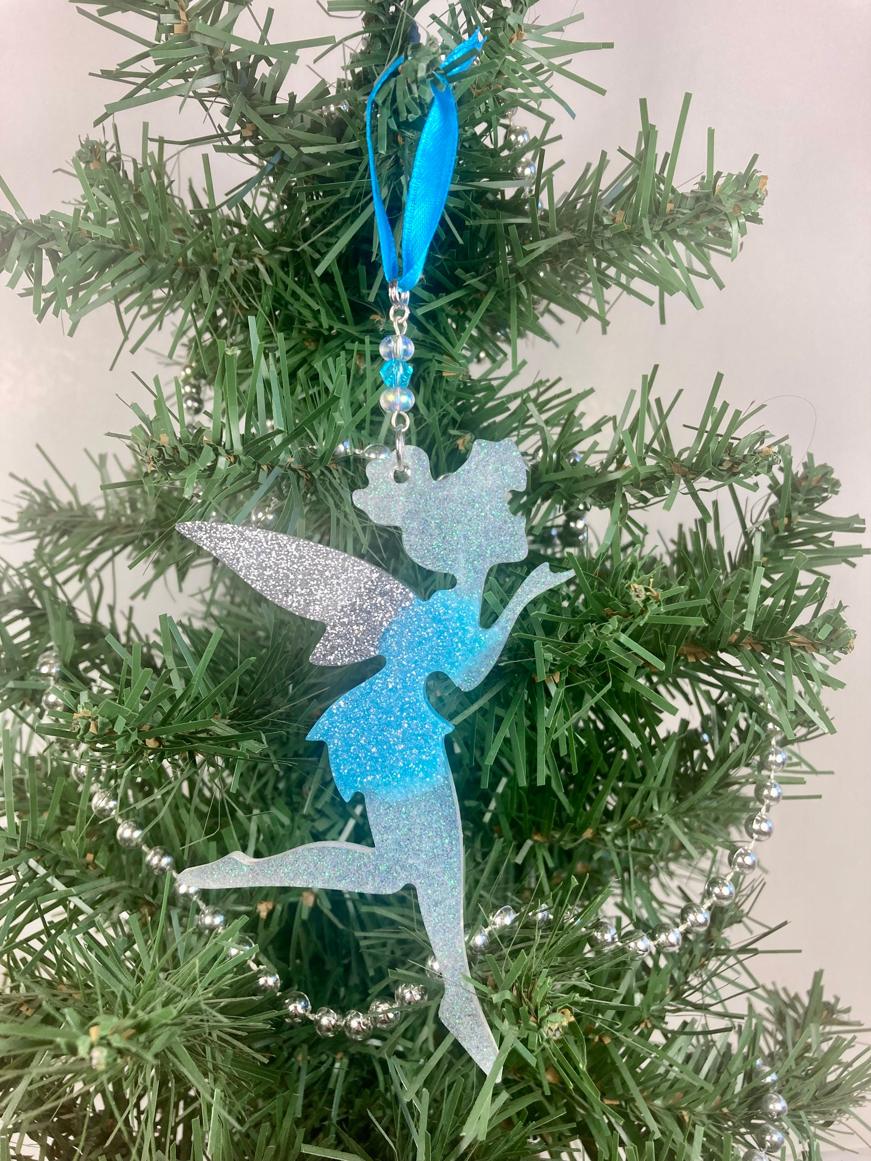 Blue & Silver Glitter Fairy Ornament – 7.25”