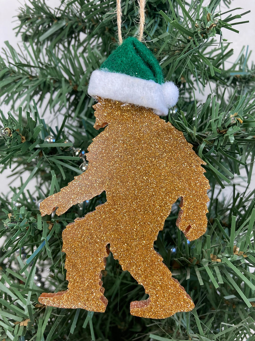 Thumbnail: Copper Glitter Bigfoot Ornament with Green Santa Hat – Handmade Holiday Decor