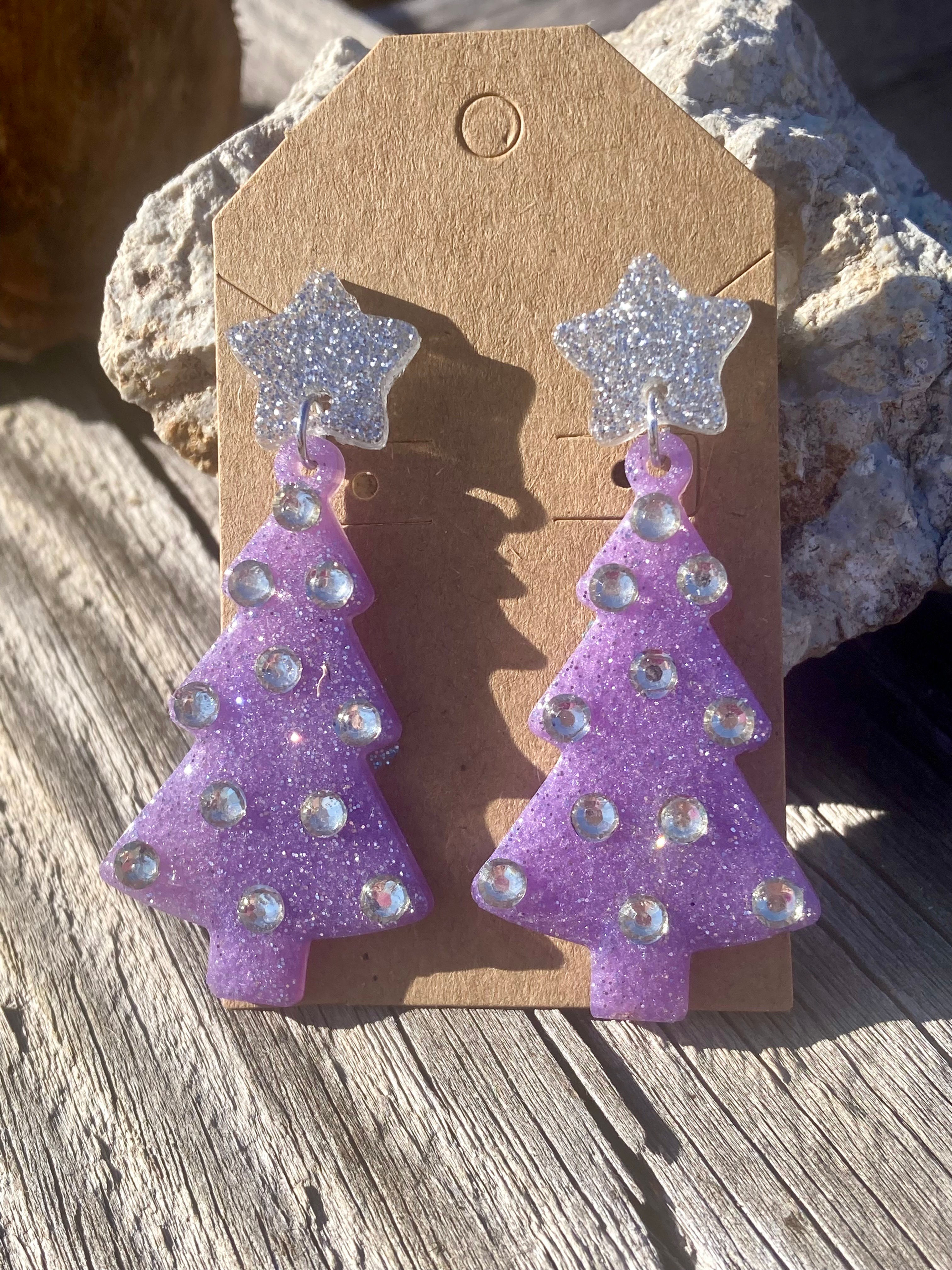 Purple Christmas Tree Resin Earrings with Silver Stars – Holiday