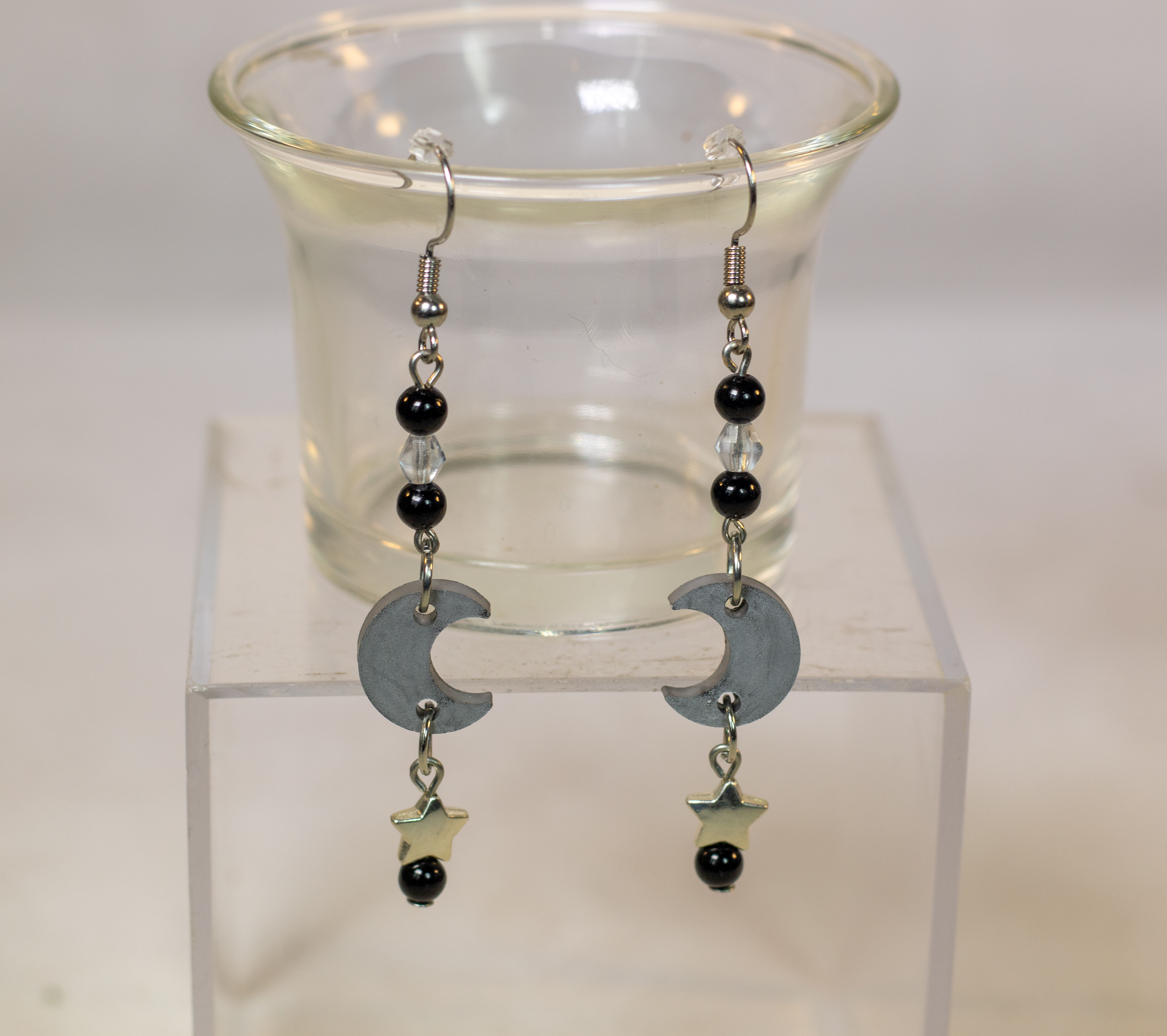 Handmade Crescent Moon and Obsidian Dangle Earrings