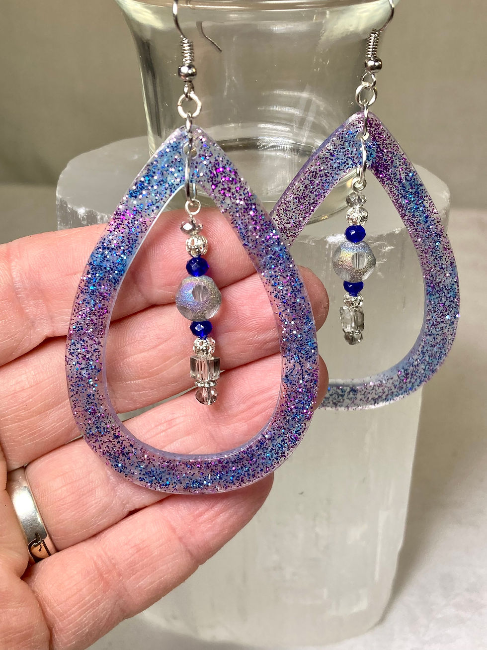 Thumbnail: Handmade Blue and Purple Sparkle Teardrop Shape Statement Earrings