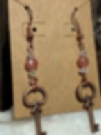 Thumbnail: Copper Key Dangle Earrings with Genuine Rhodochrosite & Glass Beads 