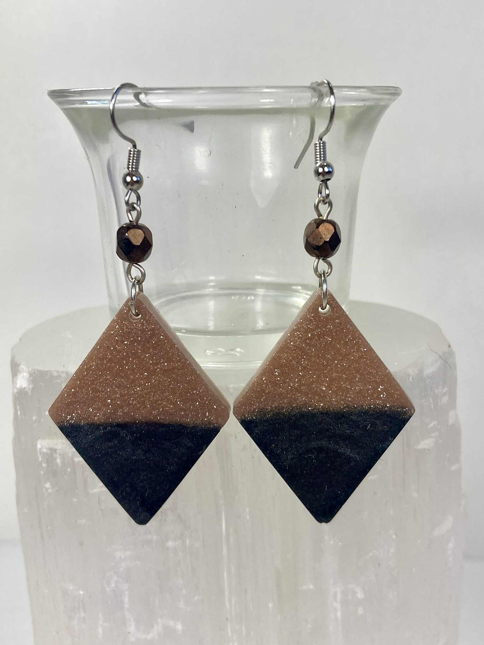 Brown and Black Diamond Resin Earrings – Handmade Geometric Dangle Jewelry