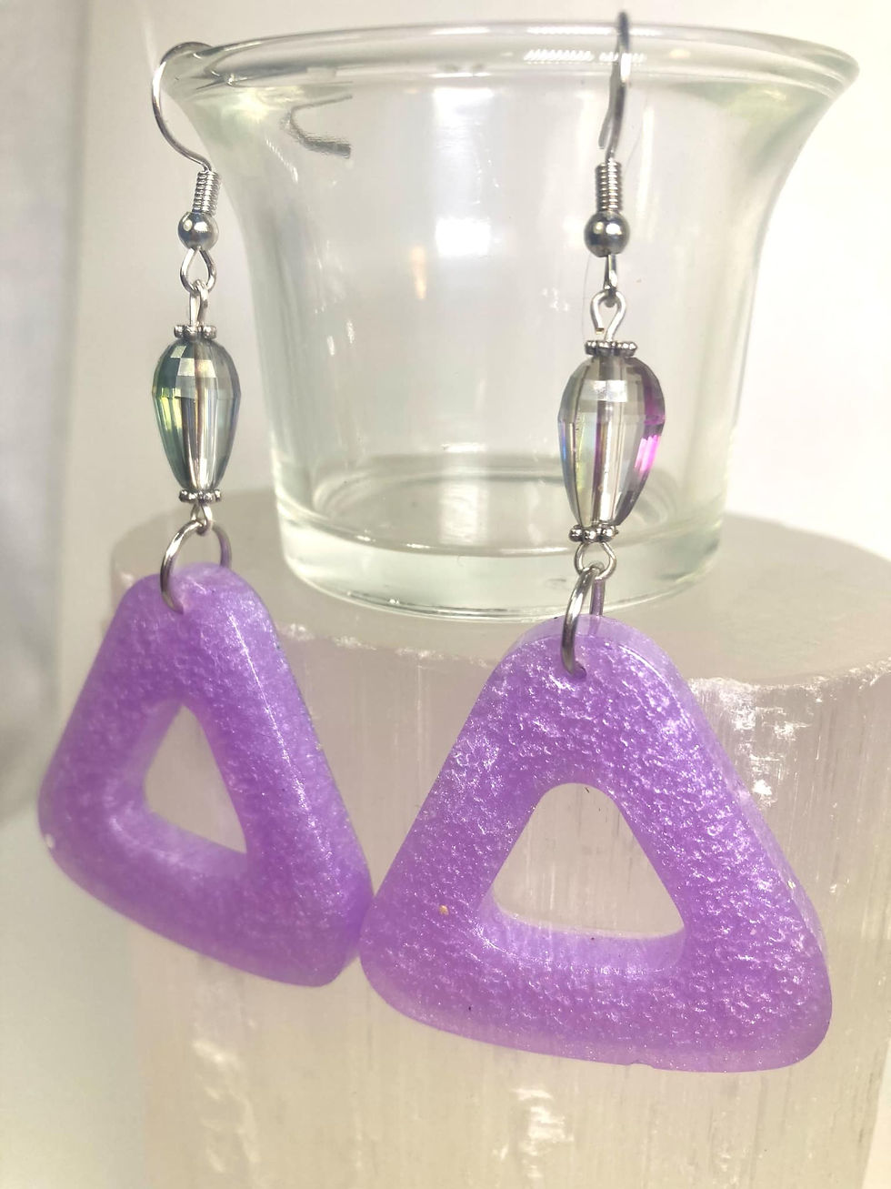 Thumbnail: Handmade Purple Resin and Glass Bead Statement Earrings