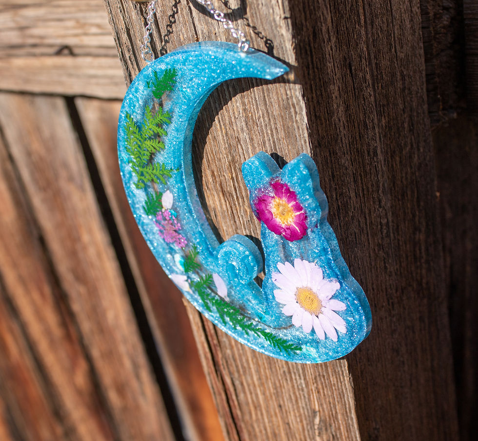 Thumbnail: Handmade Blue Glitter and Dried Floral Resin Cat on Crescent Moon Sun Catcher