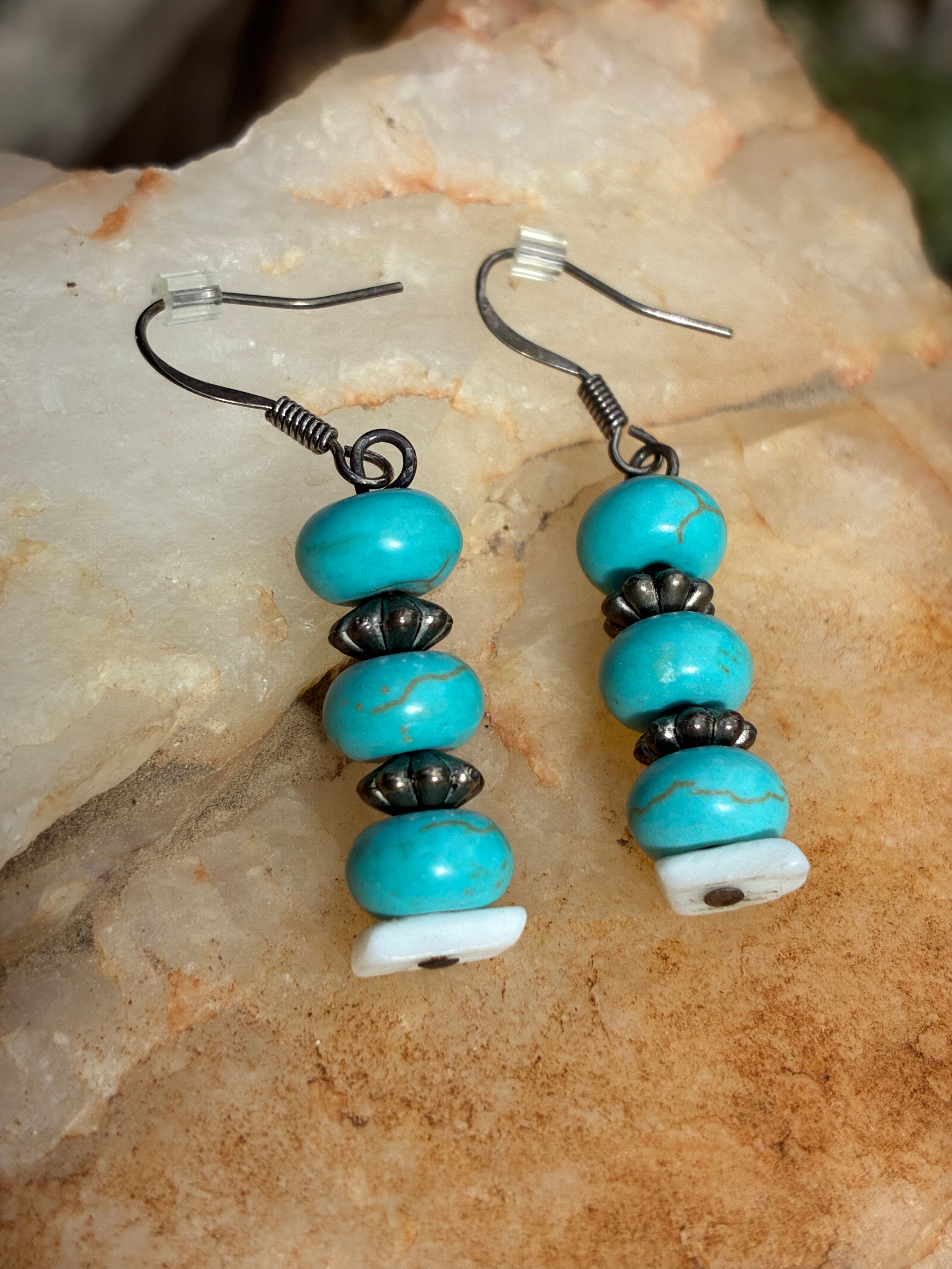 Turquoise Colored Beaded Earrings with Shell | Southwestern Style Dangle Earring