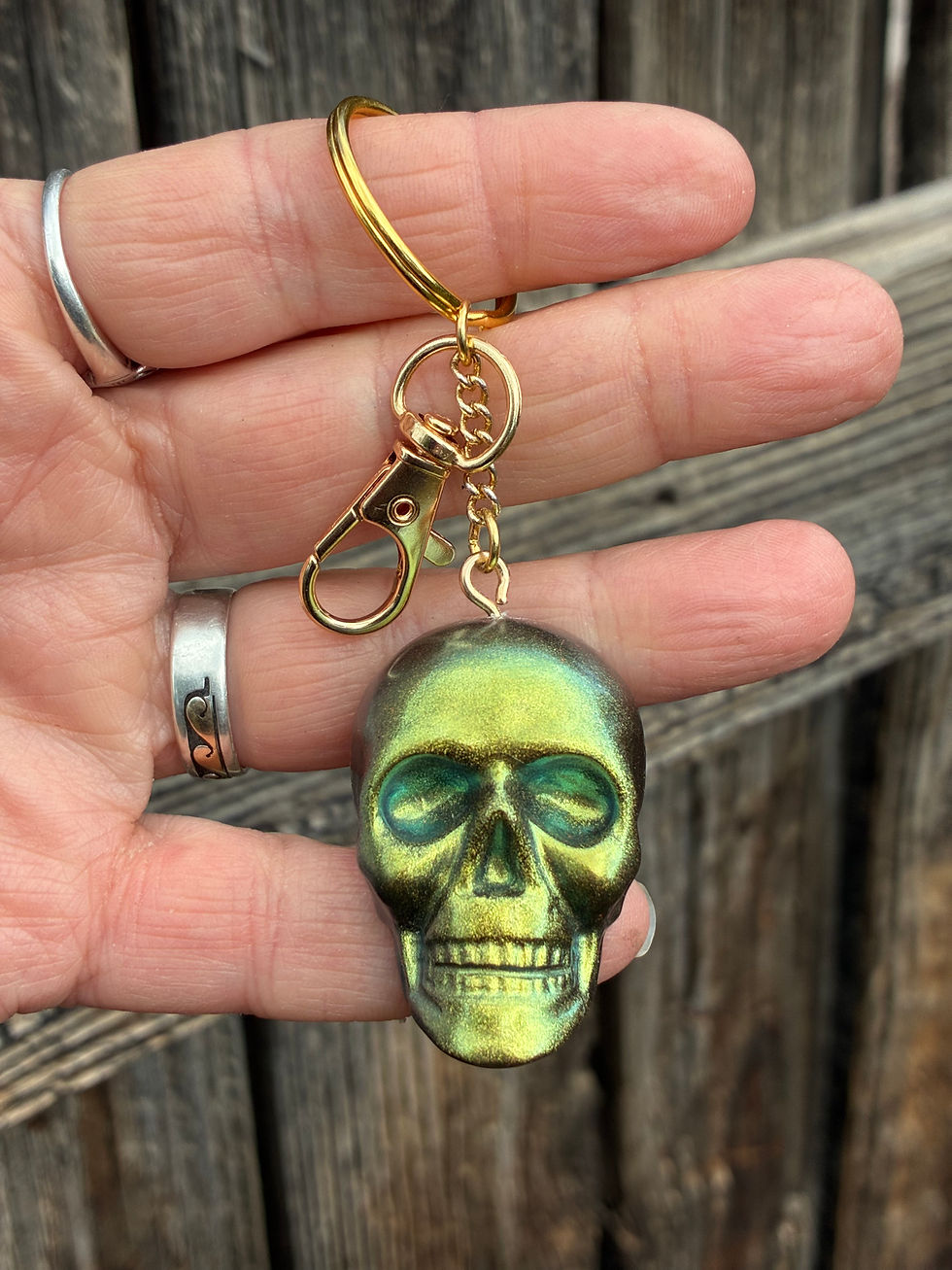 Thumbnail: Handmade Green Gold Color Shift Skull Keychain | Gothic Resin Keycha