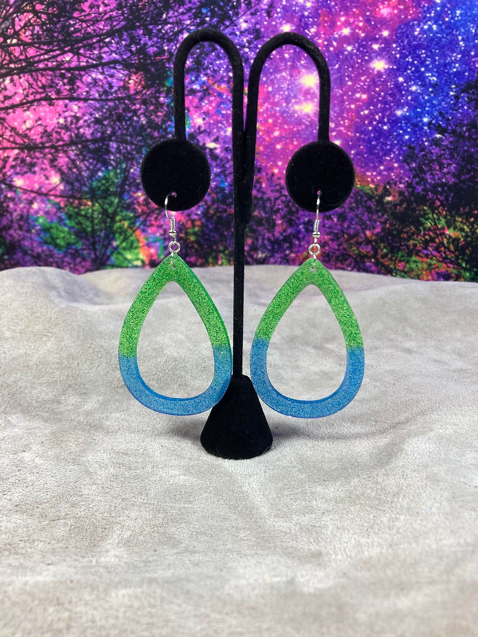 Thumbnail: Handmade Resin Teardrop Earrings, Green and Blue Glitter Earrings