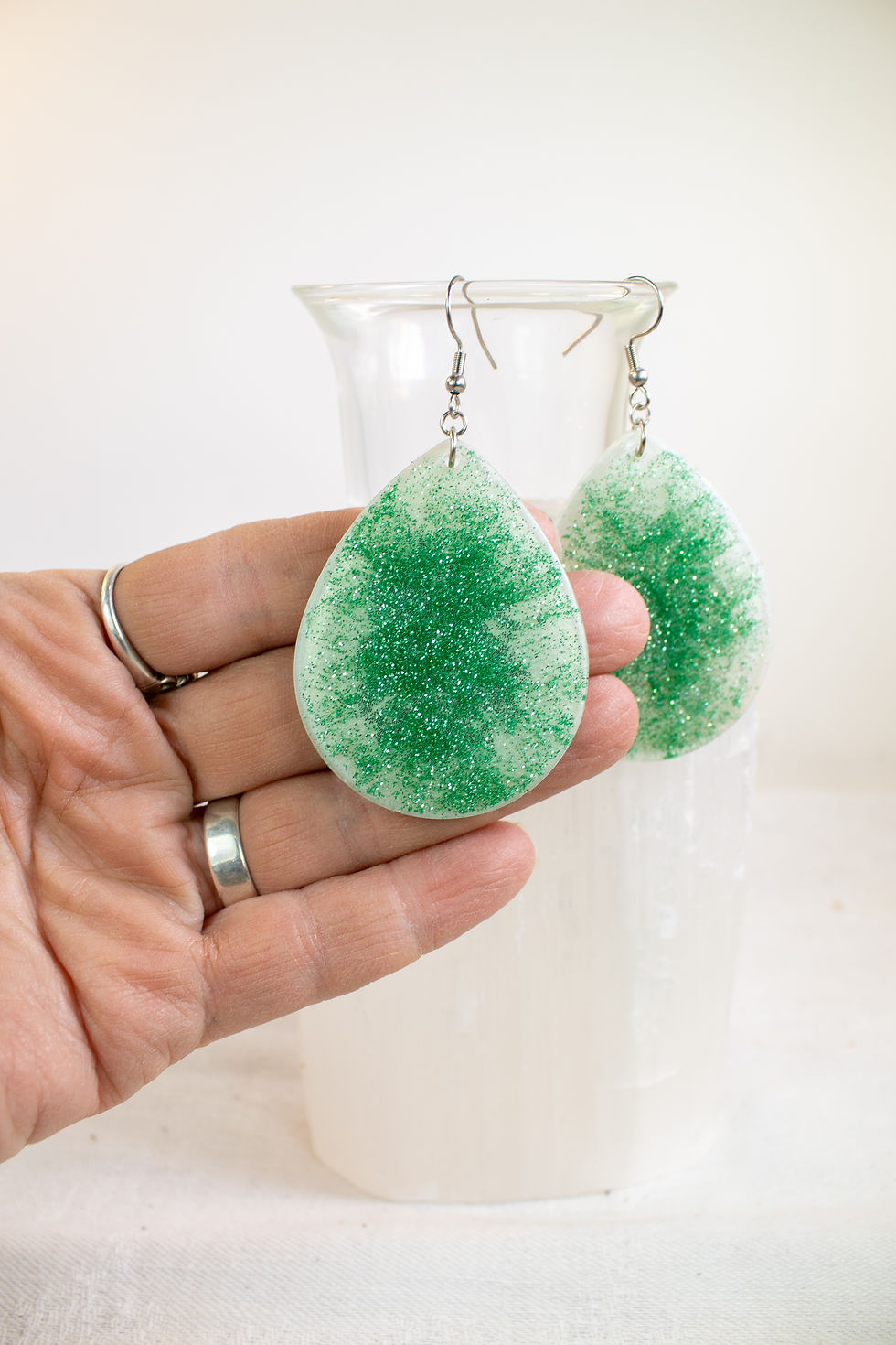 Thumbnail: Handmade Green Glitter Resin Statement Earrings