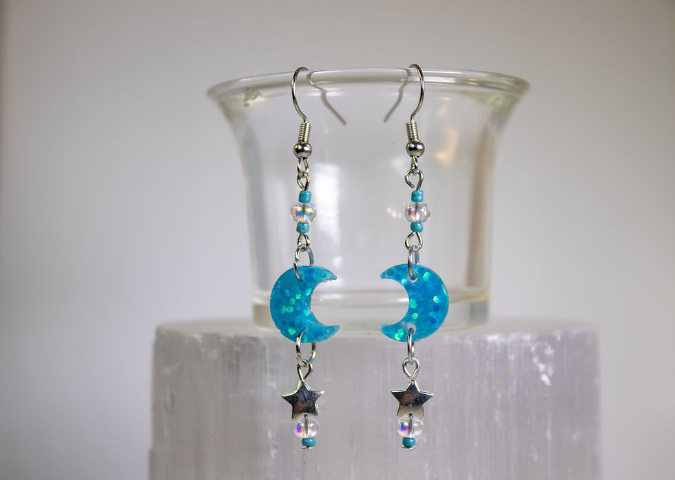Thumbnail: Handmade Turquoise/Blue Crescent Moon and Star Dangle Earrings