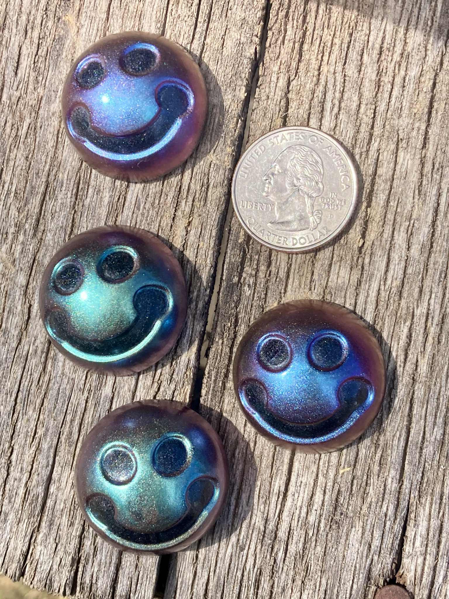 Set of 4 Color-Shifting Resin Smiley Face Magnets – Iridescent Handmade Fridge M