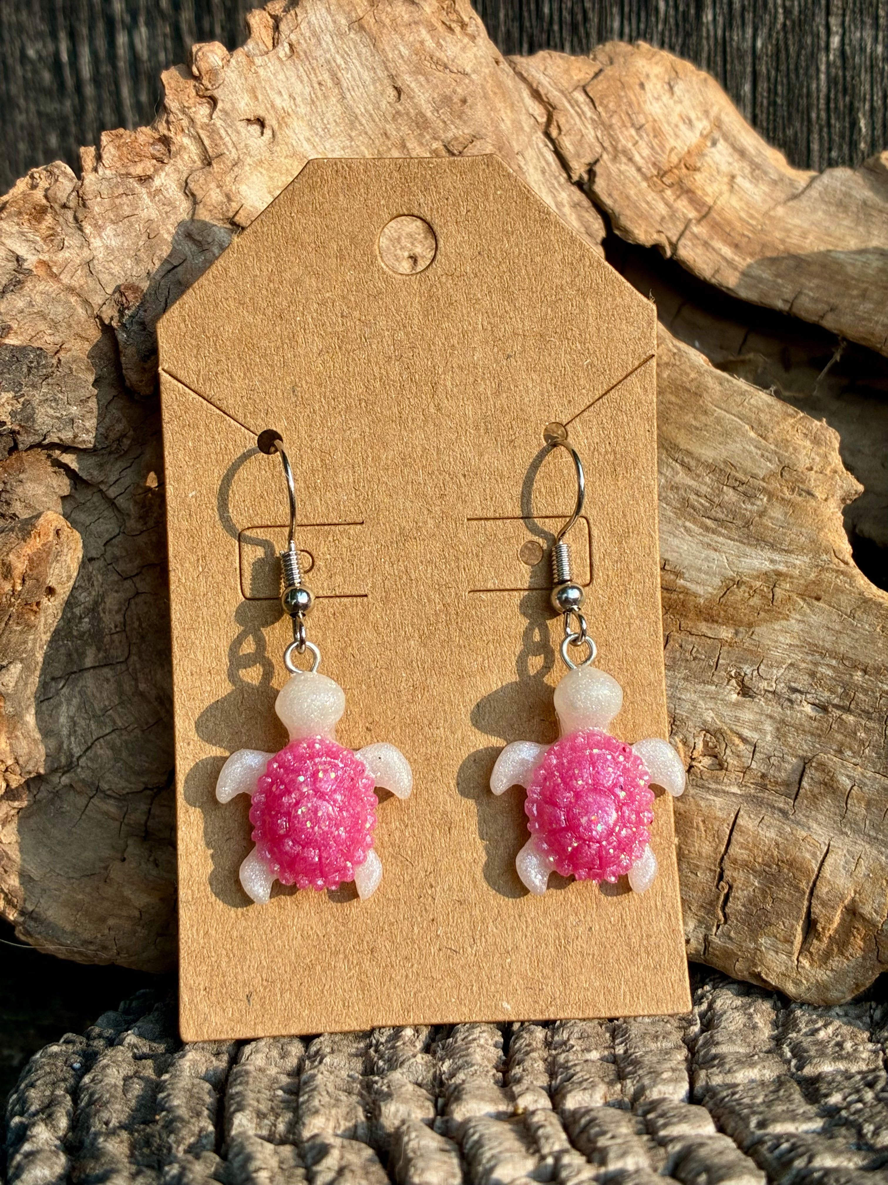 Handmade Pink Sea Turtle Resin Earrings | Glitter Ocean Turtle Dangle Earrings