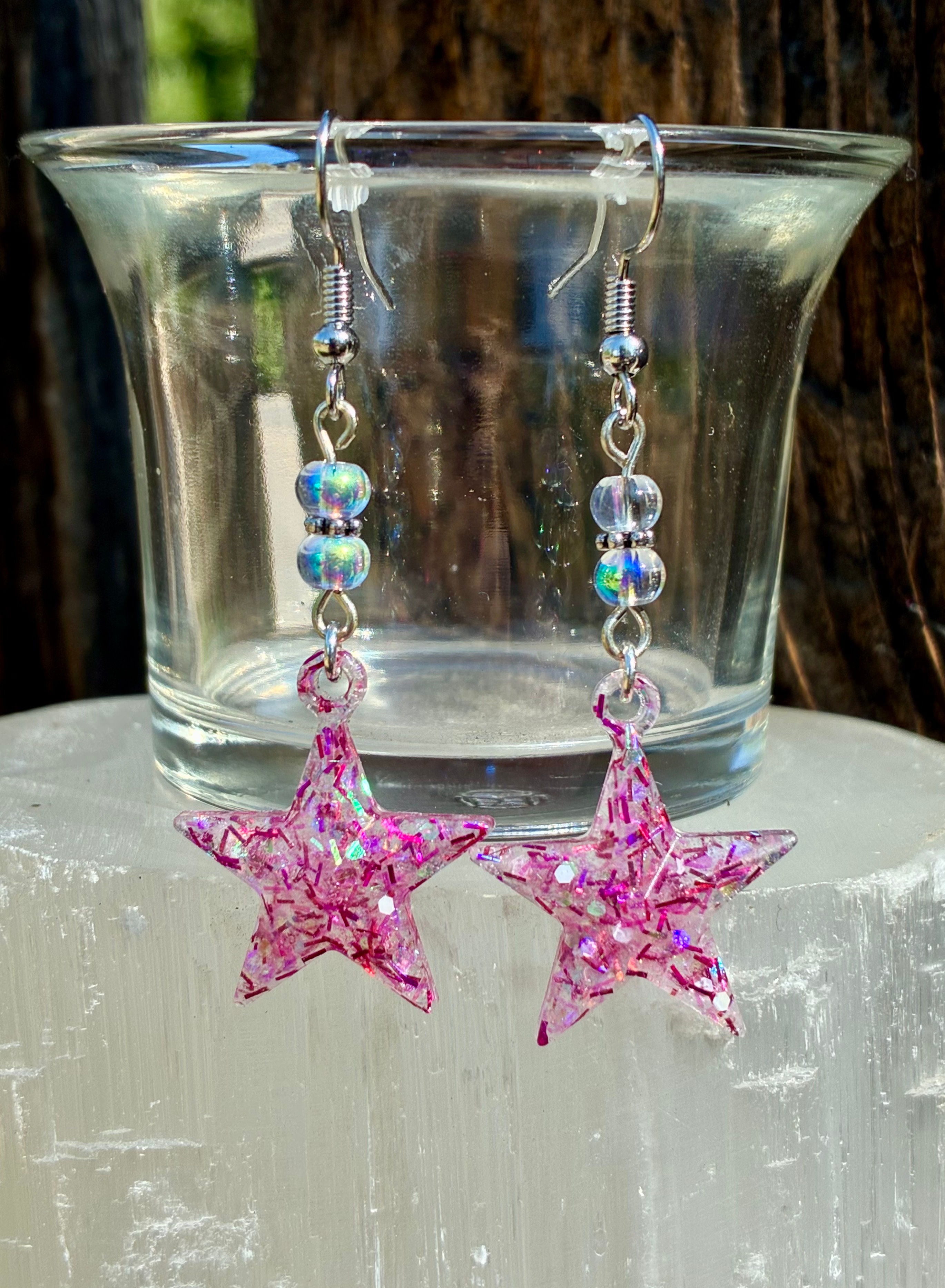 Handmade Pink Glitter Star Earrings | Celestial Resin Dangle Earrings