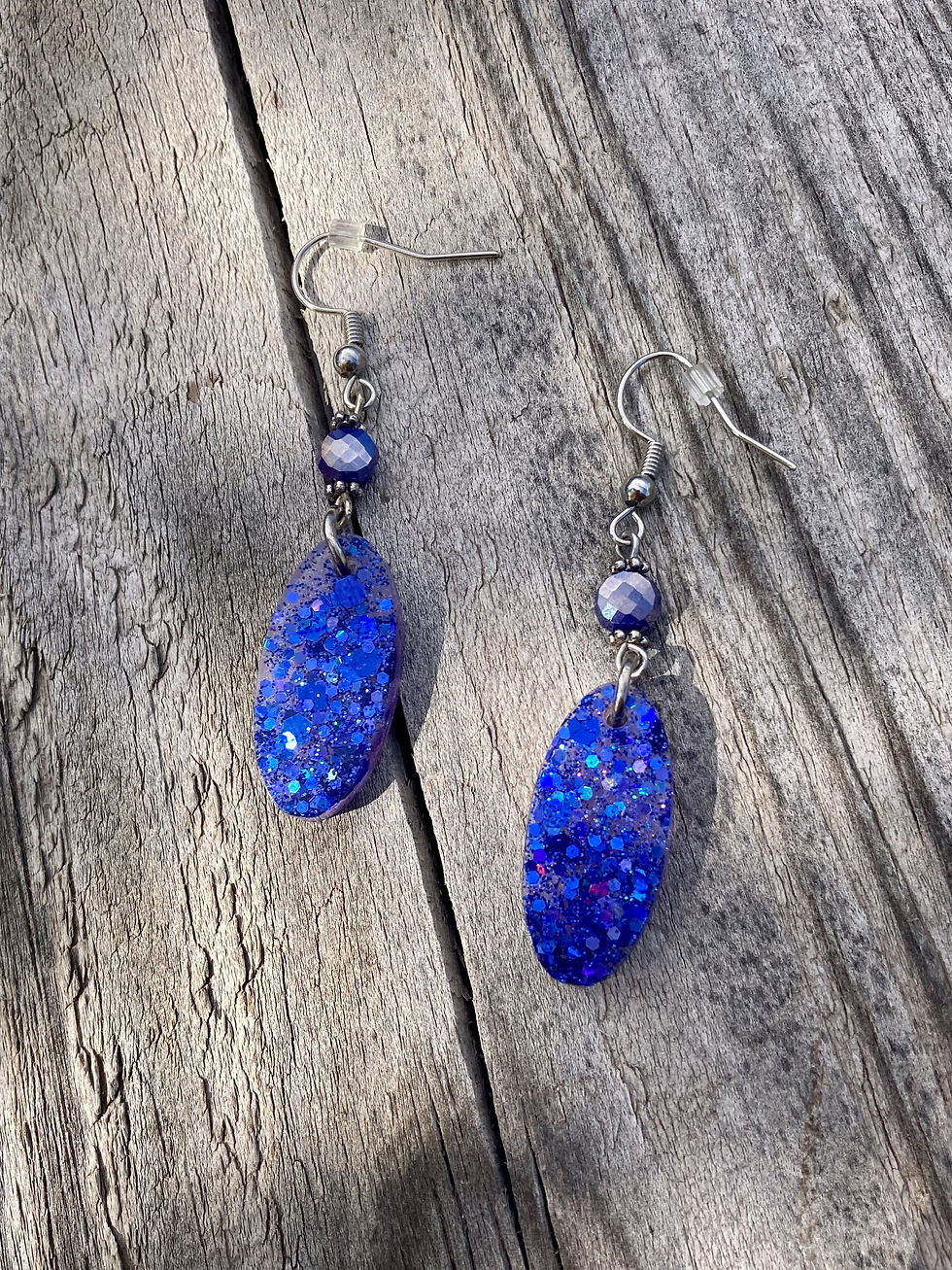 Thumbnail: Blue Glitter & Purple Bead Dangle Earrings