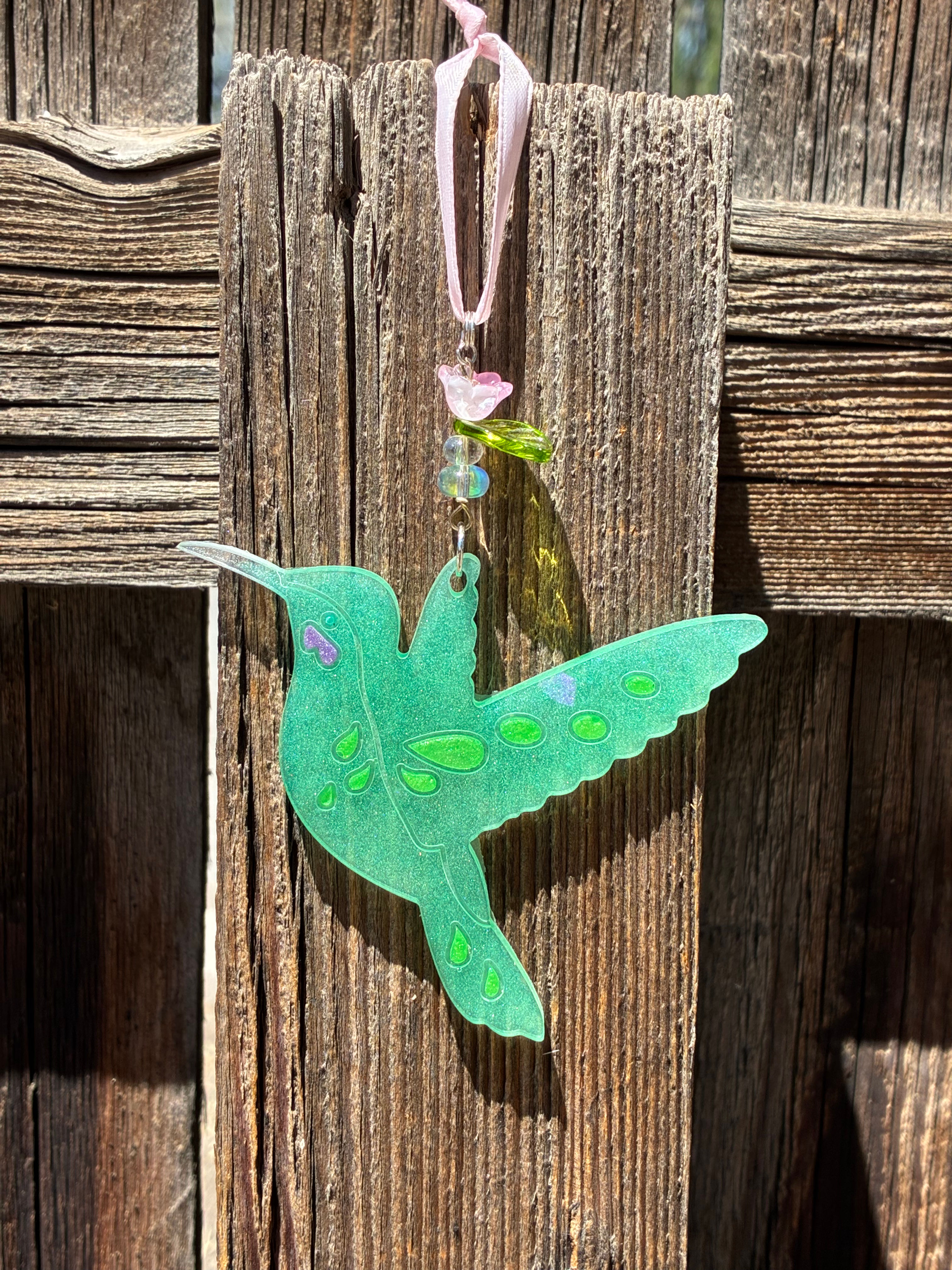Holographic Green Hummingbird Sun Catcher – One of a Kind – Ready to Ship