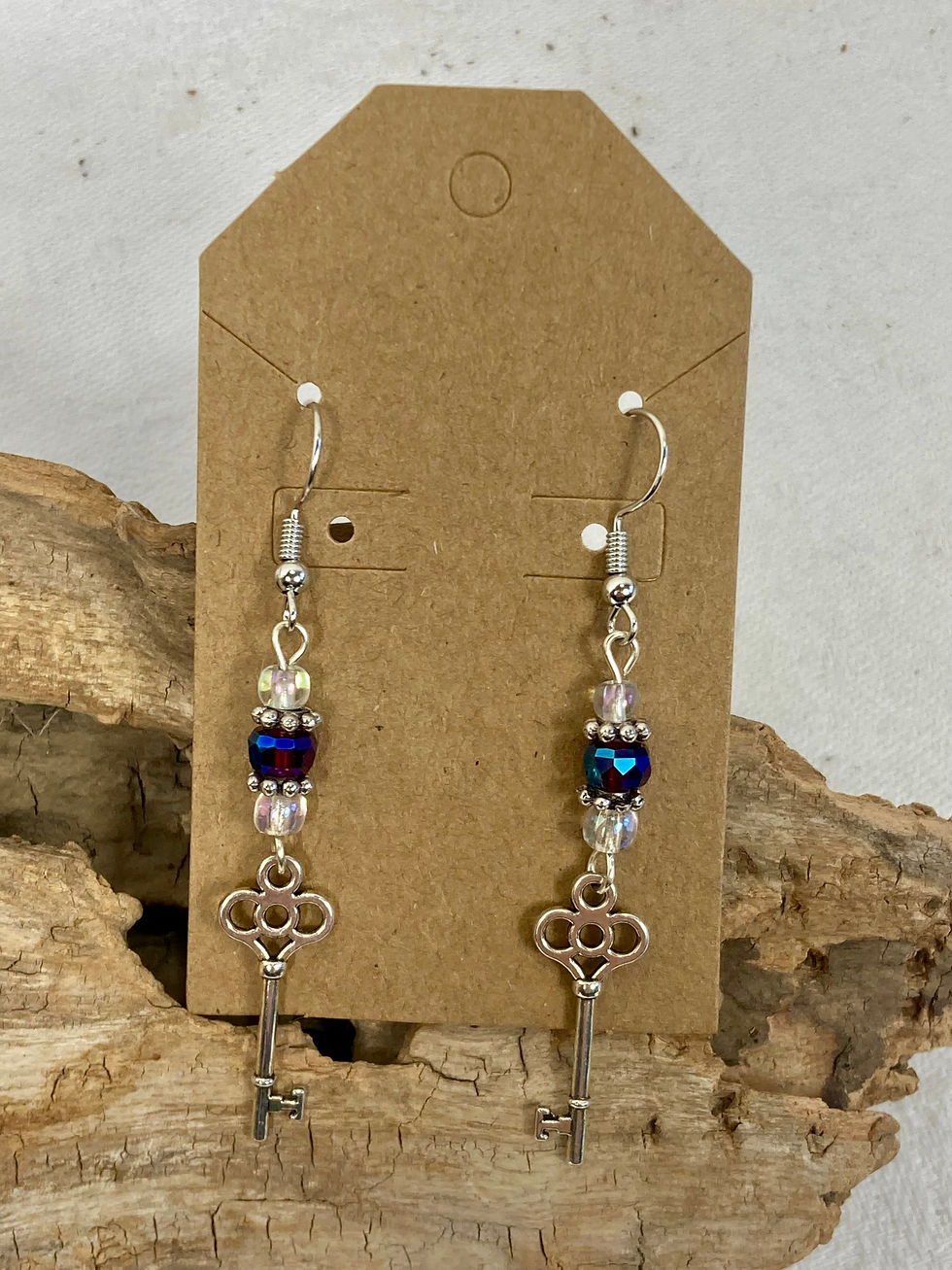 Thumbnail: Silver Key Earrings with Iridescent & Deep Purple Glass Beads