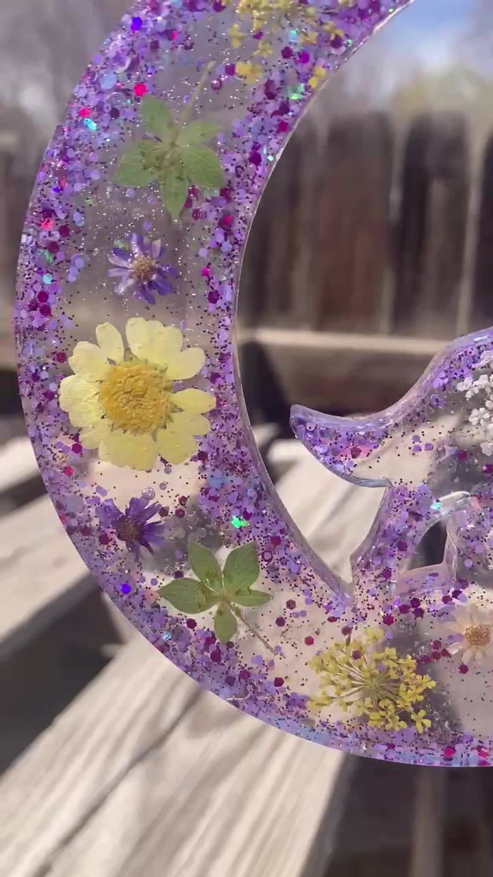 Thumbnail: Handmade Resin Howling Wolf & Crescent Moon Suncatcher with Real Flowers