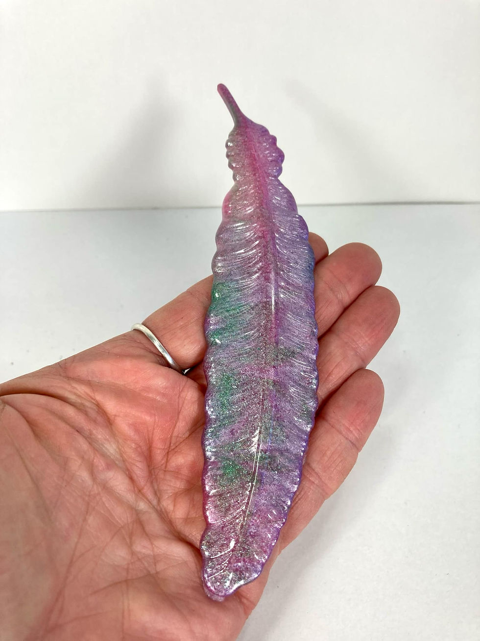 Thumbnail: Handmade Purple and Green Resin Feather Bookmark