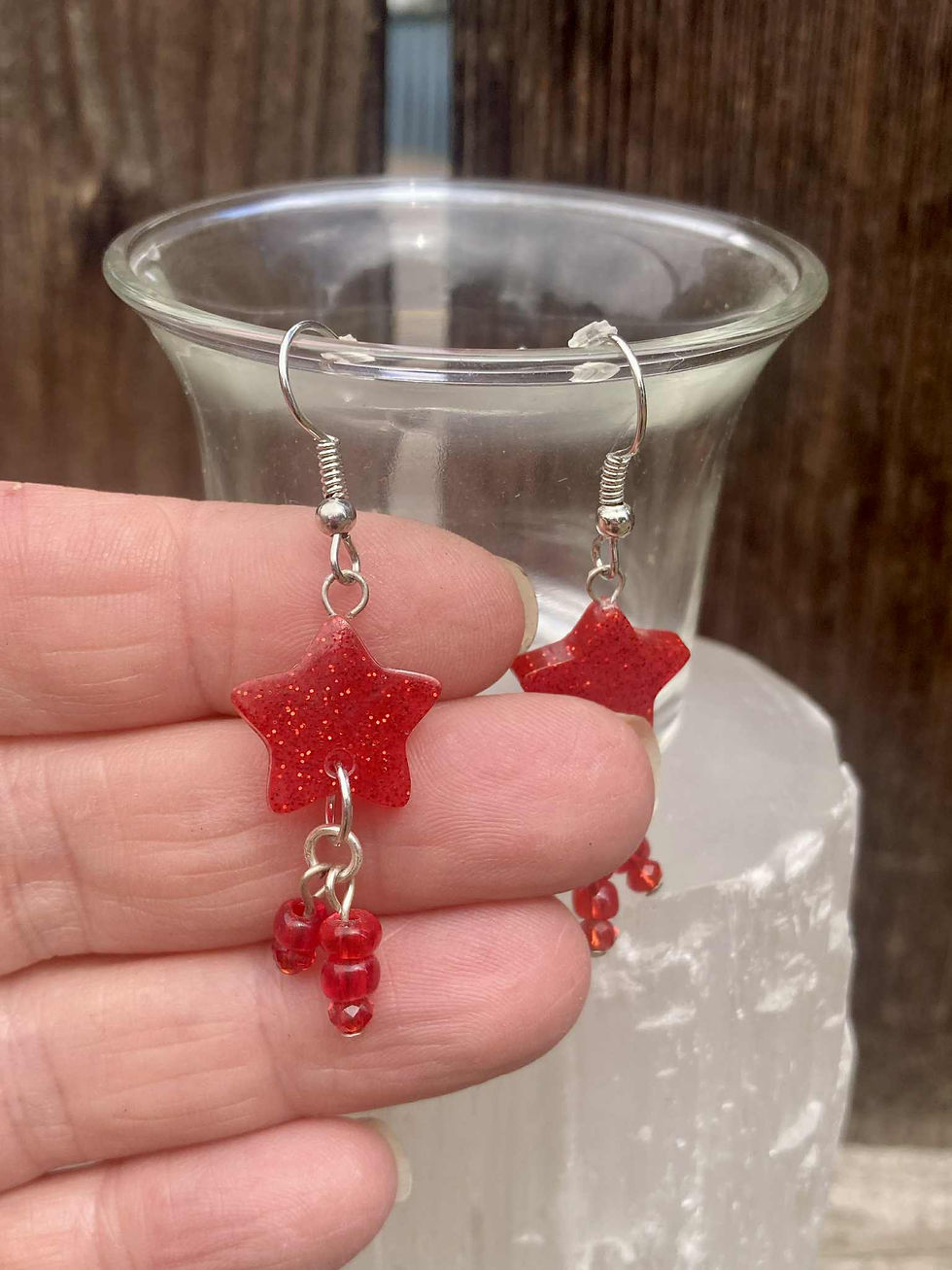 Thumbnail: Red Glitter Star Earrings – Handmade Resin Dangles, Nickel-Free & Lightweight