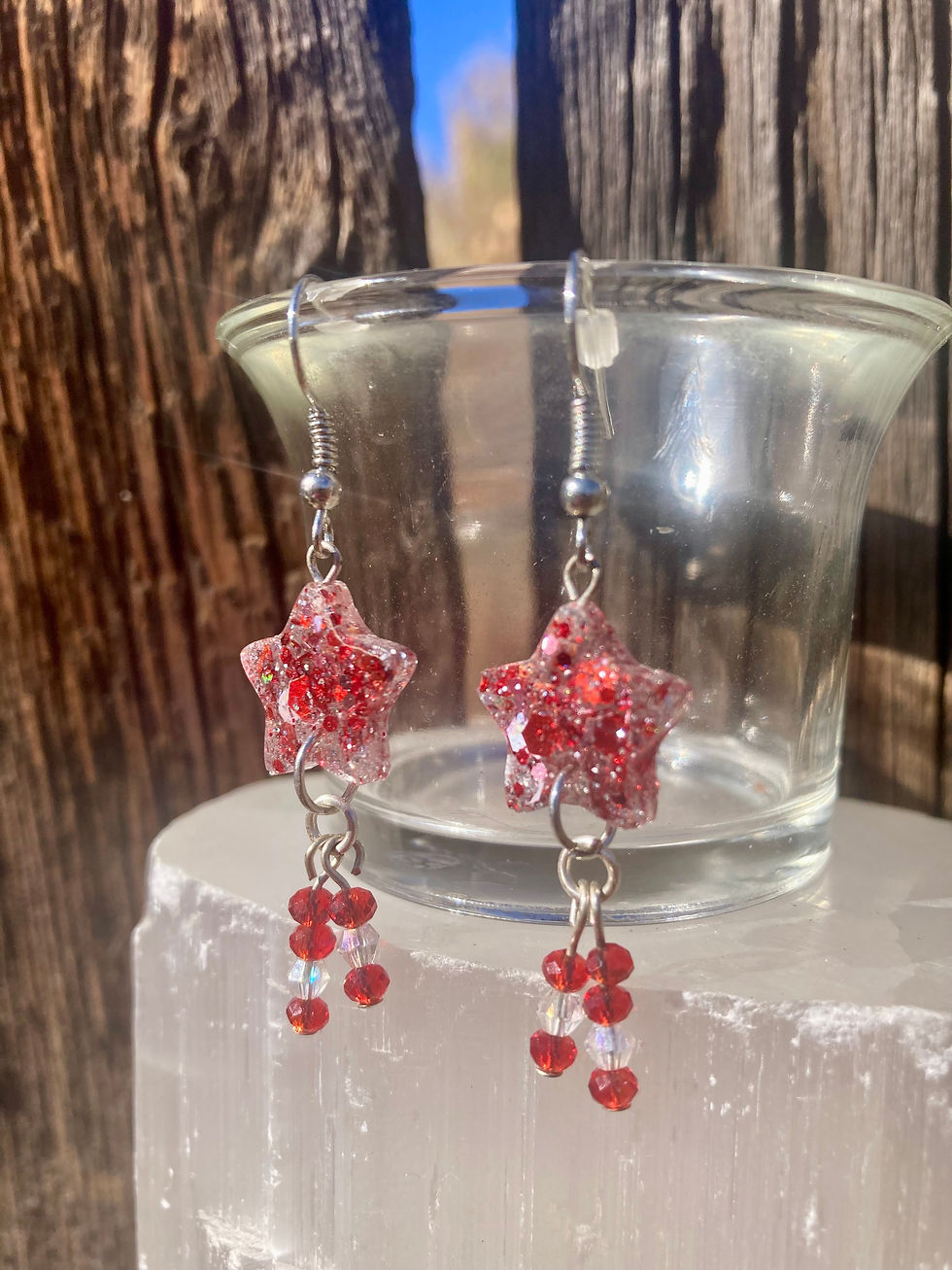 Thumbnail: Red & White Glitter Star Dangle Earrings