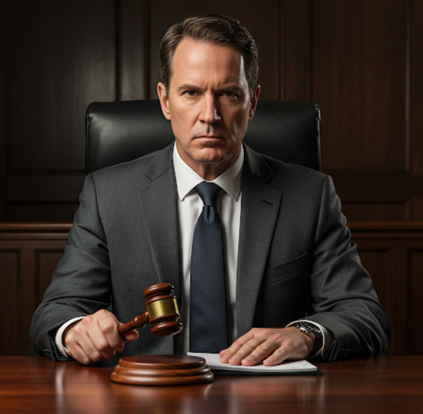 Judge in a gray suit sits at a wooden desk, holding a gavel. Dark, formal courtroom setting. Serious expression. No text visible.