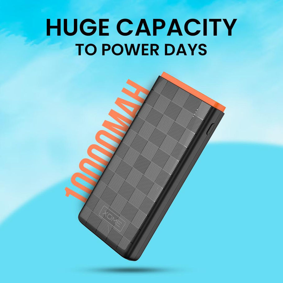 Xome- 111 Power Bank 10800mAh in Black and Orange, showcasing its slim design and Power Delivery fast-charging ports.
