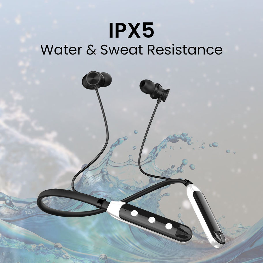 Xome- 9 Bluetooth Neckband in Blue with Fast Charging, Hours Playtime, and High Bass. Shows the neckband design