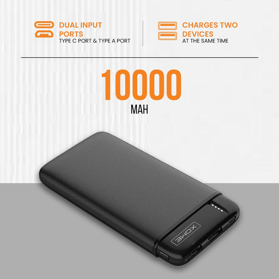 Xome- 333 Power Bank 10000mAh in Black and Orange, showcasing its slim design and Power Delivery fast-charging ports.