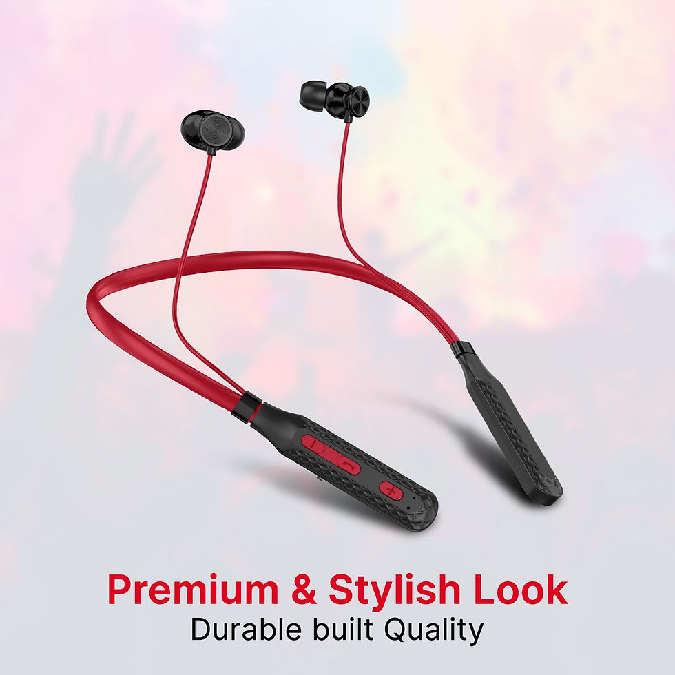 Xome- 5 Neckband in Blue with Fast Charging, Bluetooth, Hours of Playtime, and High Bass. Shows the neckband design