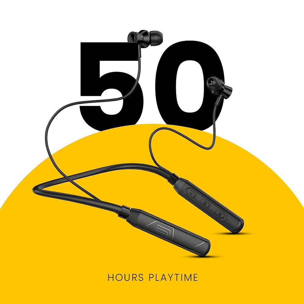 Black wireless neckband with 10mm drivers and 50-hour battery life. Shows the flexible band and magnetic earpieces.