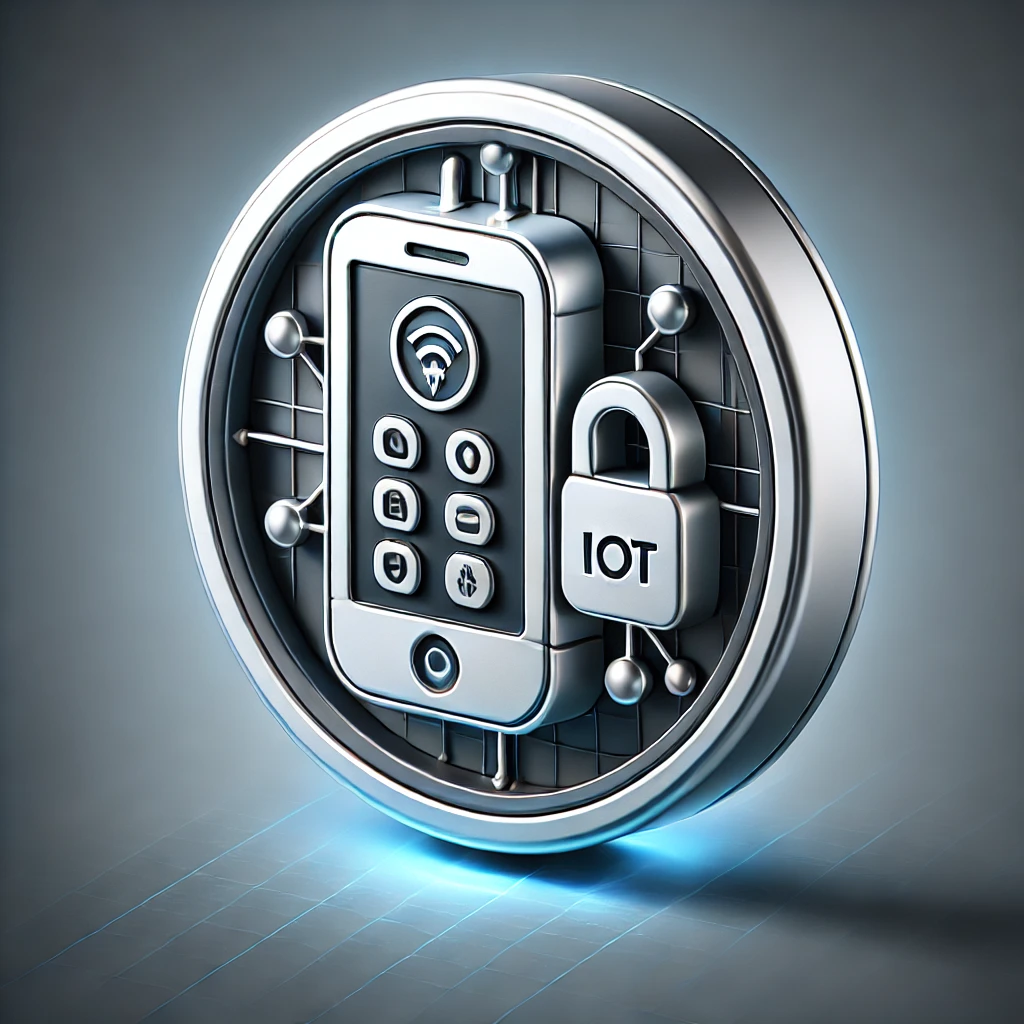A highly realistic and professional icon representing IoT Security services. The icon features a smart device with a padlock symbol, representing device security and data protection. The design is detailed, with realistic shading and a three-dimensional effect, conveying strong security measures for IoT devices.