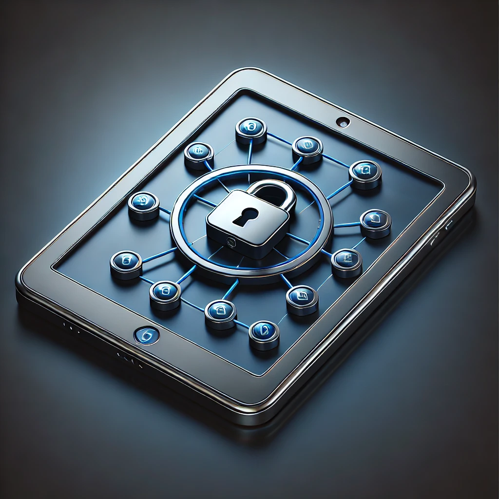 A highly realistic and professional icon representing Mobile Device Management (MDM) services. The icon features a tablet with a lock symbol and interconnected nodes, symbolizing security and network connectivity. The design is detailed, with realistic shading and a three-dimensional effect, conveying robust security and seamless management.