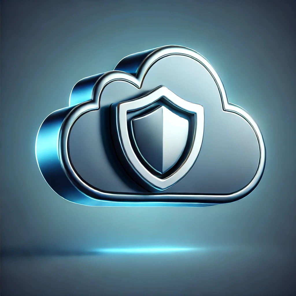 A professional and modern icon representing cloud services. The icon features a sleek, slightly transparent cloud with a subtle gradient effect, giving it a three-dimensional look. Embedded within the cloud is a prominent metallic shield symbol, indicating strong protection and security. The overall design conveys security, scalability, and seamless access.