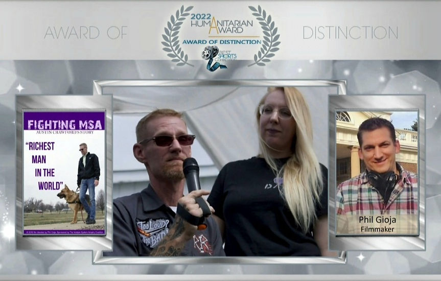 Austin Crawford receives Humanitarian Award for the short film about his life called Fighting MSA Austin Crawford's Story on March 14th,2023.
