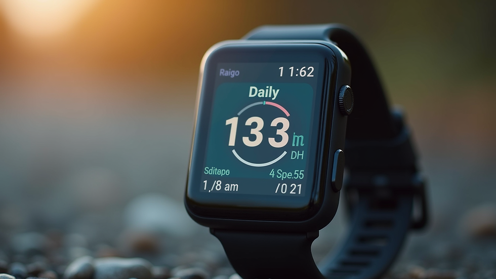 Close-up view of a fitness tracker displaying daily steps and calories burned