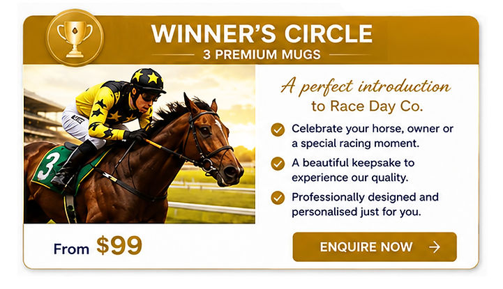 Winners Circle package featuring personalised horse racing mugs and stable gifts.