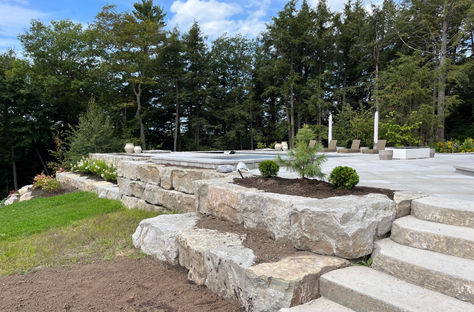 muskoka custom pool landscape, parry sound, armor stone, planting beds, custom landcaping, parry sound landscaping, granite view contracting