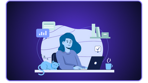 Diese Infografik visualisiert das Thema Mobiles Arbeiten vs. Home Office: Flexibilität mit System in einem modernen, blauen Vektor-Stil. Im Mittelpunkt sitzt eine lächelnde Frau an einem Schreibtisch mit Laptop und Kaffeetasse, umgeben von schlafenden Katzen und Produktivitätssymbolen (Charts, Bücher).