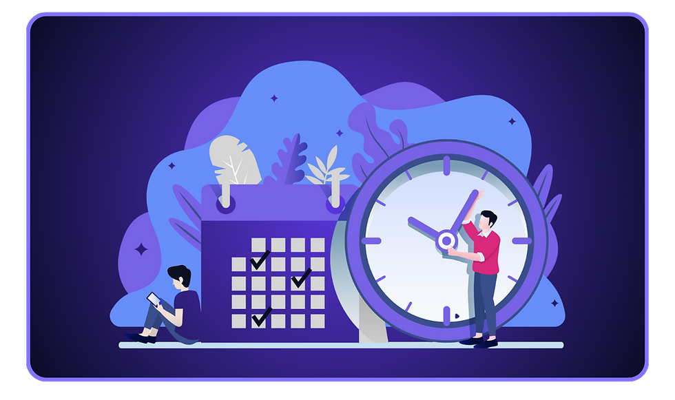 Eine moderne, flache Illustration in Violett- und Blautönen, die das Zeitmanagement visualisiert. Im Zentrum stehen ein großer Kalender mit Checkmark-Symbolen und eine monumentale Uhr, an der ein Mitarbeiter die Zeiger justiert. Die Grafik symbolisiert die präzise Planung und Organisation von Arbeitszeiten. Sie eignet sich ideal, um HR-Themen wie das Urlaubsanspruch berechnen für Teilzeit-Mitarbeiter anschaulich zu begleiten. Das Bild verdeutlicht visuell die Komplexität und notwendige Genauigkeit beim Thema Urlaubsanspruch in modernen Arbeitsmodellen.