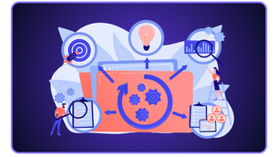 Diese moderne Infografik illustriert die Komplexität moderner Transformationsprozesse. Im Zentrum steht ein dynamisches Zahnrad-System, das von verschiedenen strategischen Elementen wie Zielvorgaben (Target), innovativen Ideen (Glühbirne) und datenbasierten Analysen umgeben ist. Kleine Figuren verdeutlichen die menschliche Komponente: Sie prüfen Checklisten und steuern die Entwicklung, was die zentrale Rolle von HR-Management und Leadership unterstreicht. Die violette Farbgebung vermittelt Professionalität und Struktur im organisatorischen Wandel.