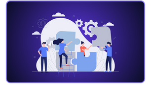 Die Vektorgrafik visualisiert symbolisch ein gut funktionierendes Zeitmanagement-Team. Mehrere Personen setzen passgenau große Puzzleteile zusammen, was die strukturierte Abarbeitung von Aufgaben nach dem Eisenhower-Prinzip darstellt. Die unterschiedlichen Puzzleteile symbolisieren dabei die Klassifizierung nach Wichtigkeit und Dringlichkeit: Einige Teile sind zentral für das Gesamtbild (wichtig), andere müssen sofort an ihren Platz (dringend). Ein Mann mit Megafon koordiniert den Prozess, eine Frau auf einer Leiter setzt das nächste strategische Teil ein, was die Priorisierung und Delegation unterstreicht. Im Hintergrund unterstreichen Zahnräder und abstrakte Formen die Effizienz und Prozessoptimierung.