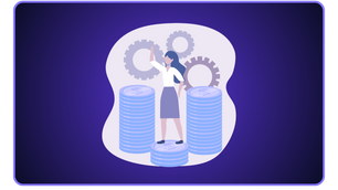 Die Illustration zeigt eine Arbeitgeberin, die auf Stapeln von Münzen steht und überlegt, wie sie die Personalkosten für ihre Mitarbeiter am besten managen kann. Das Bruttogehalt der Angestellten ist eine wichtige Komponente dieser Kosten, die sie sorgfältig kalkulieren muss.